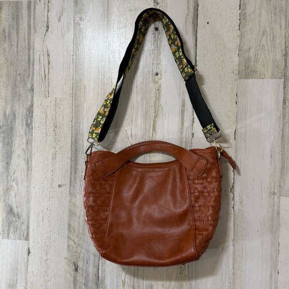 Le Miel Handbags - Le Miel Woven-Panel Brown Shoulder Bag with Floral Accent Strap